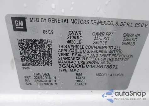 2019 Chevrolet Equinox Premier z USA, uszkodzony, nr VIN 3GNAXXEV4KS678671